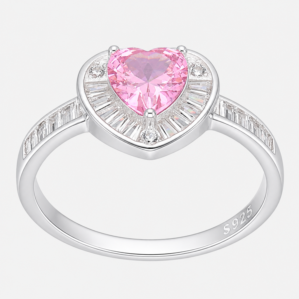 Anillo Corazón Circones Baguette Rosa Francia