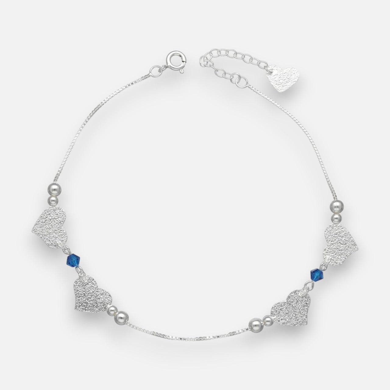 Tobillera Cristales Azules Esferas Corazones Martillados