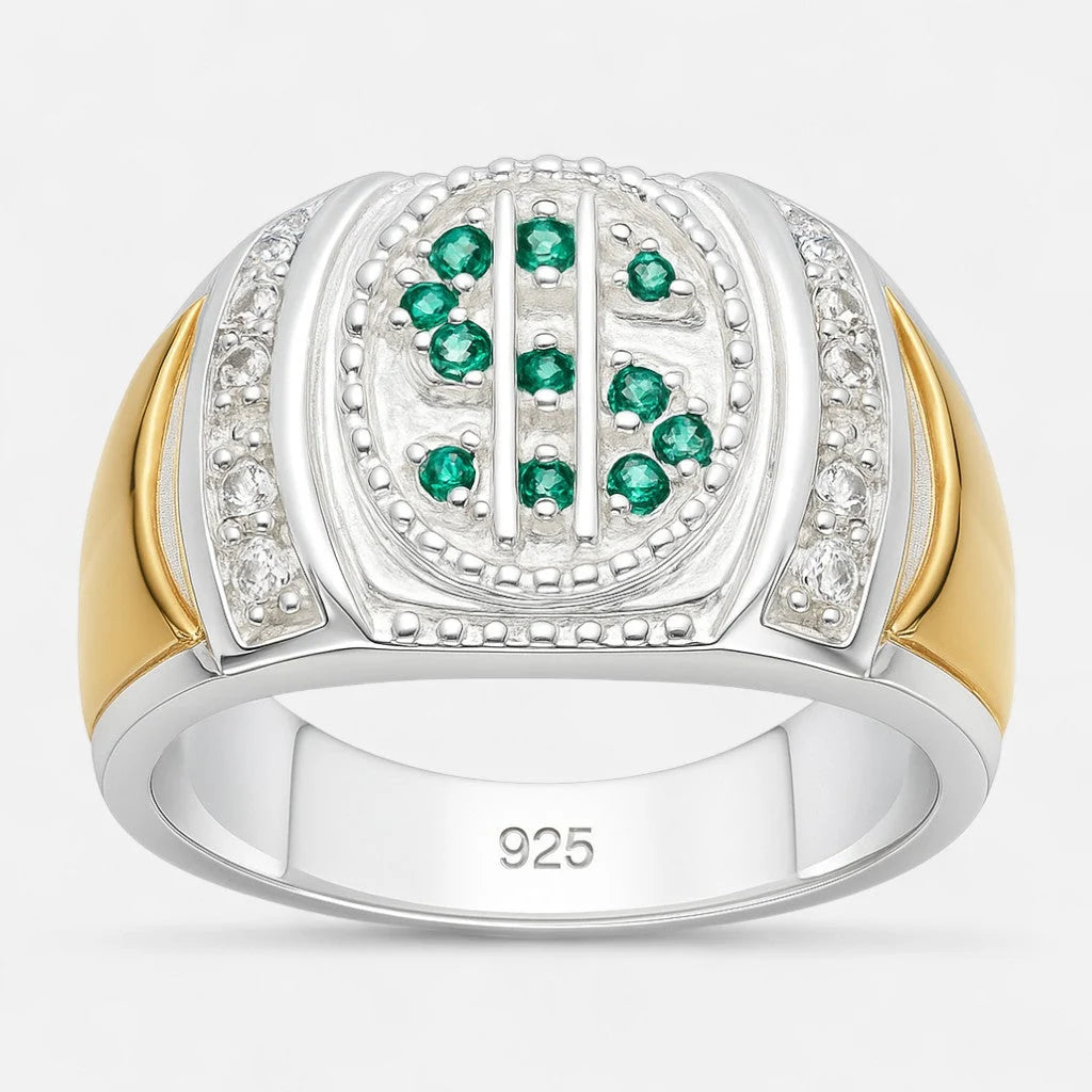Anillo Sello Símbolo Dólar Circones Esmeralda con Oro 25