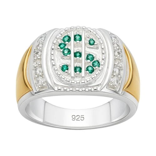 Anillo Sello Símbolo Dólar Circones Esmeralda con Oro 22