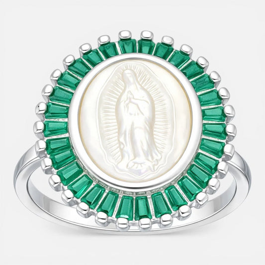 Anillo Virgen de Guadalupe Nácar Circones Baguette Esmeralda 15
