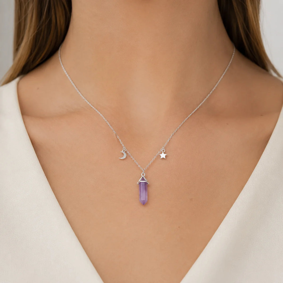 Collar Estrella Media Luna Cuarzo Violeta