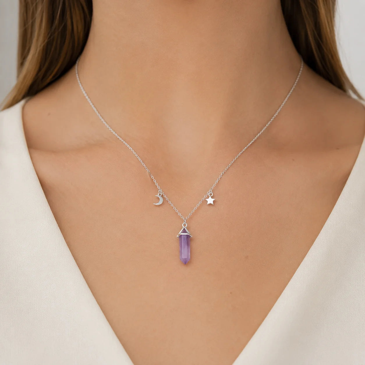Collar Estrella Media Luna Cuarzo Violeta