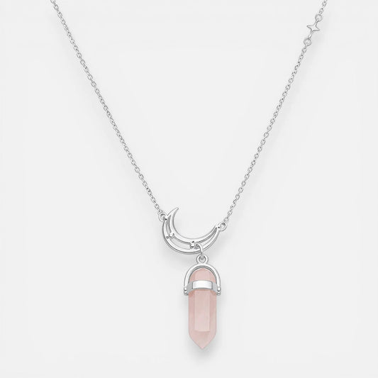 Collar Media Luna Estrellas Circones Cuarzo Rosado