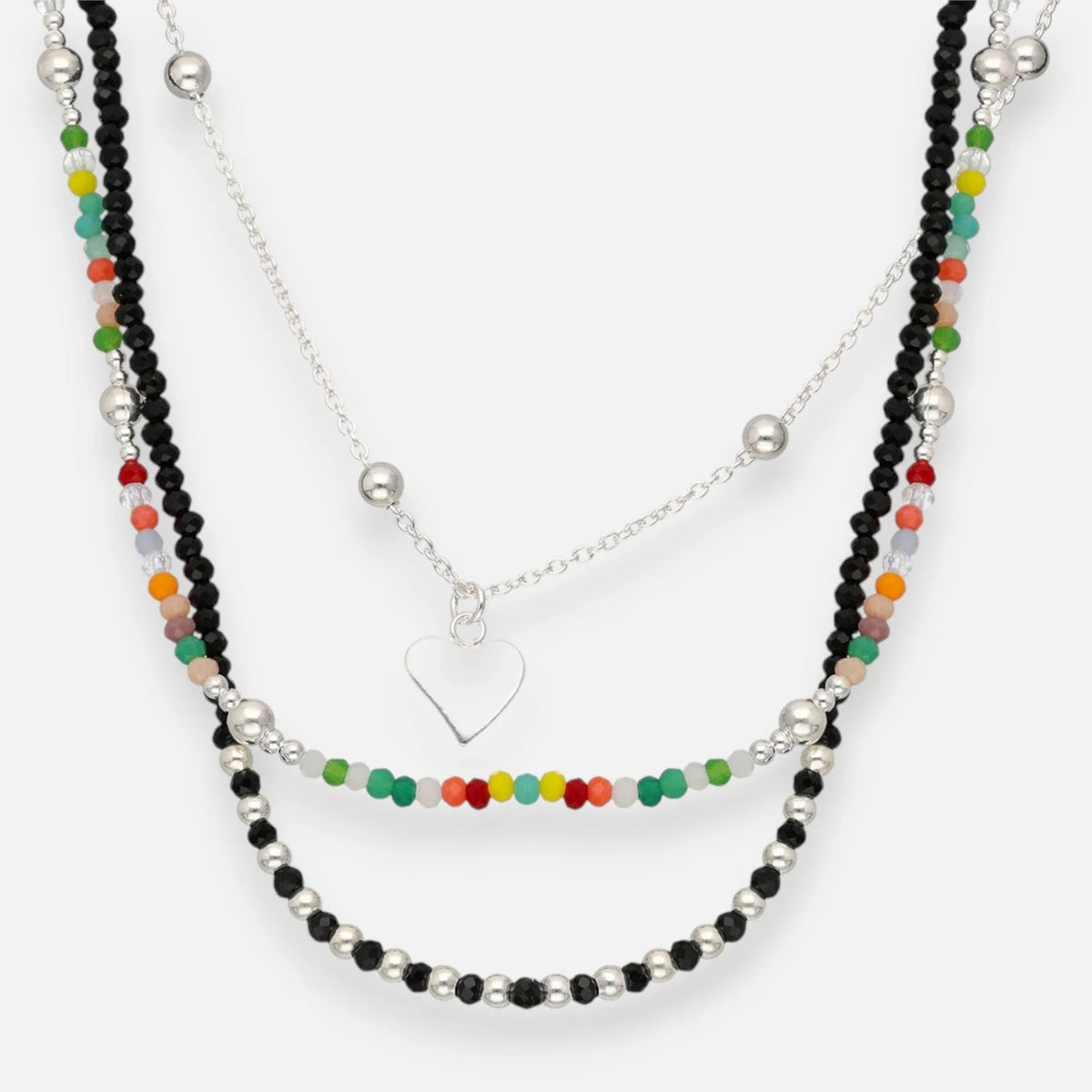 Collar Triple Corazón Esferas Cristales Multicolor