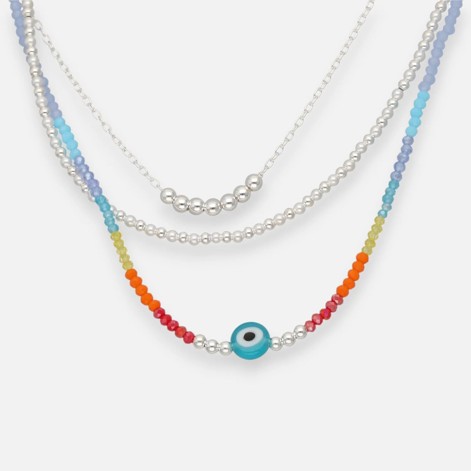 Collar Triple Ojo Turco Esferas Cristales Multicolor