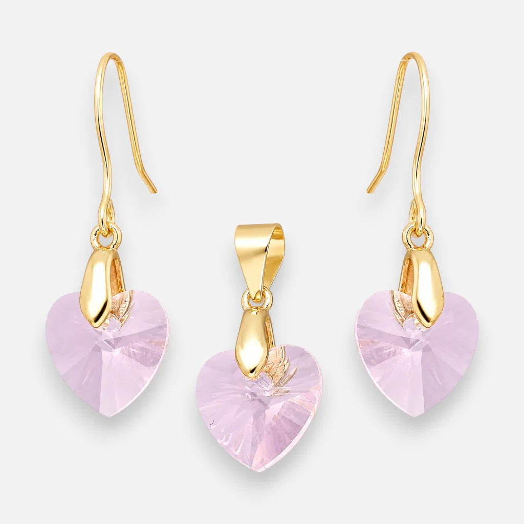 Conjunto Corazon Cristal Hecho con Swarovski Rosado