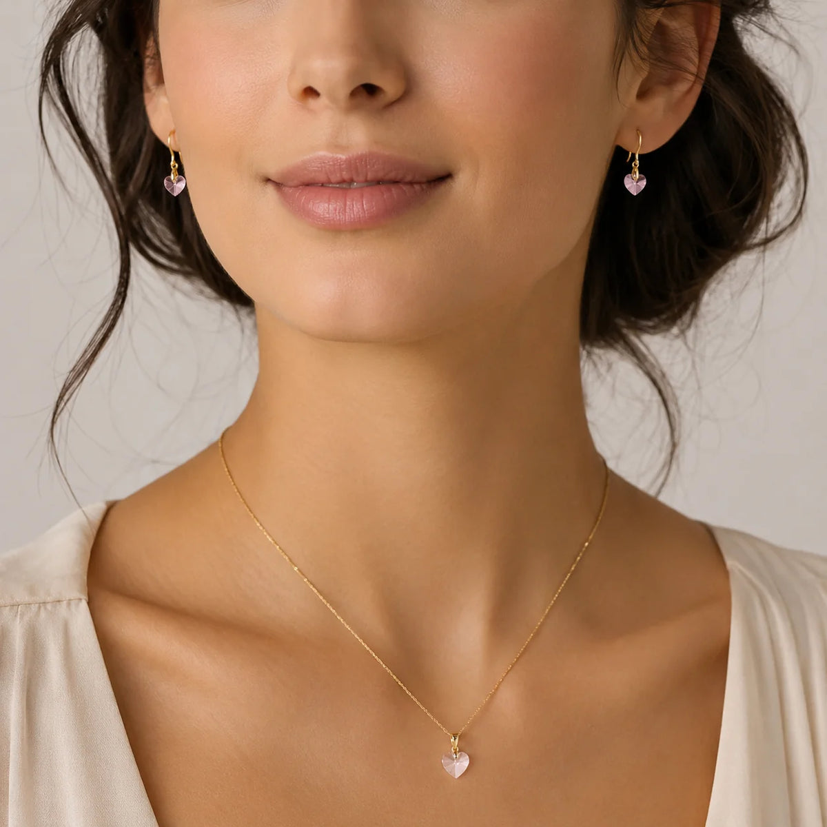 Conjunto Corazon Cristal Hecho con Swarovski Rosado