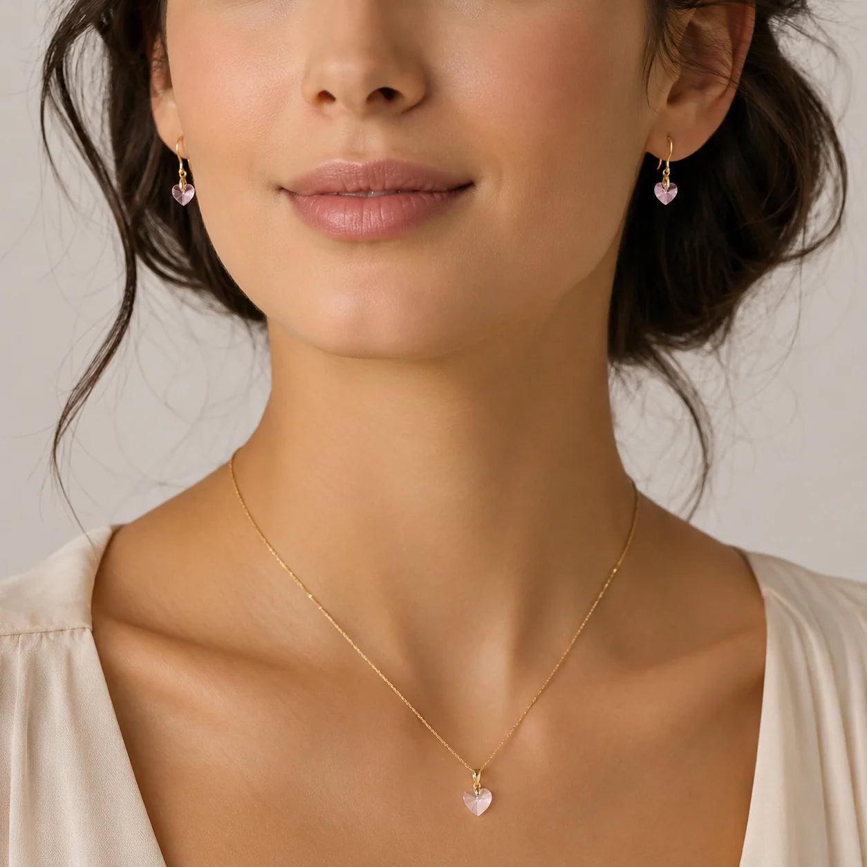 Conjunto Corazon Cristal Hecho con Swarovski Rosado
