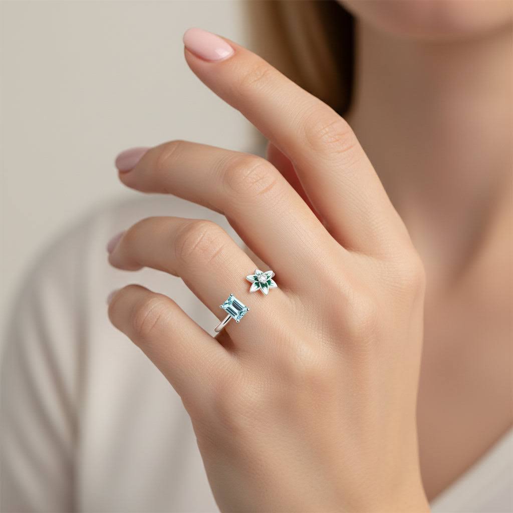 Anillo Ajustable Flor Circón Baguette Agua Marina