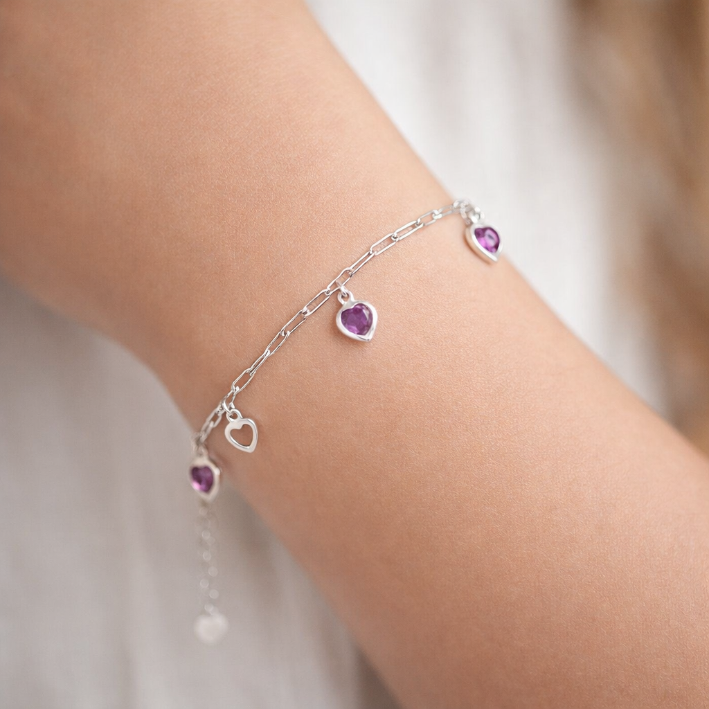 Pulsera Tradicional Corazones Circones Amatista