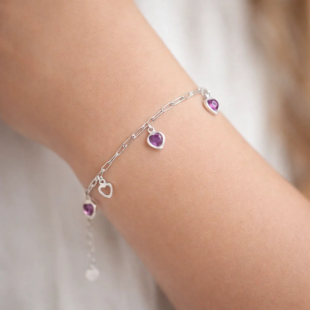 Pulsera Tradicional Corazones Circones Amatista