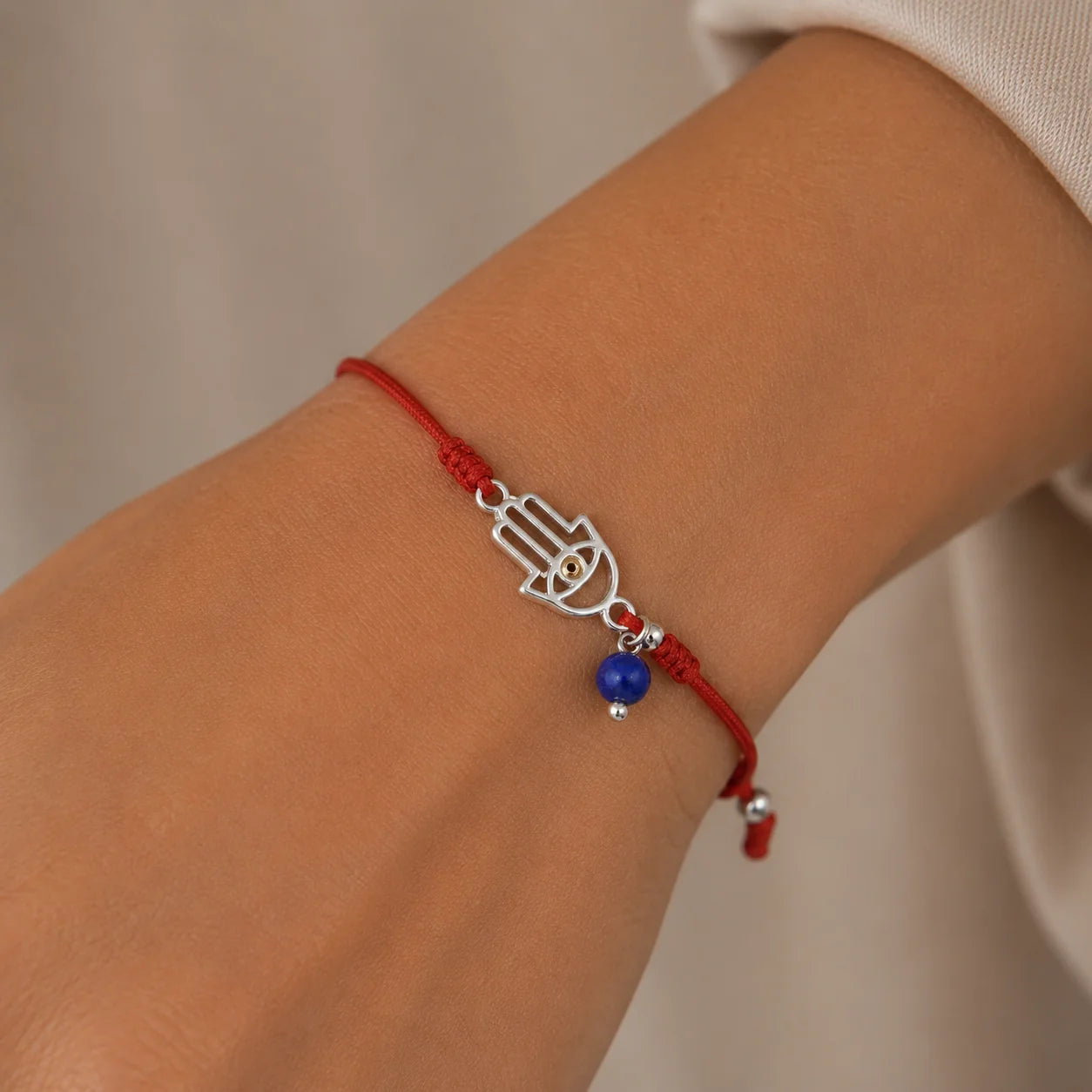 Pulsera Hilo Rojo Ajustable Mano de Fátima Circón Ojo Turco
