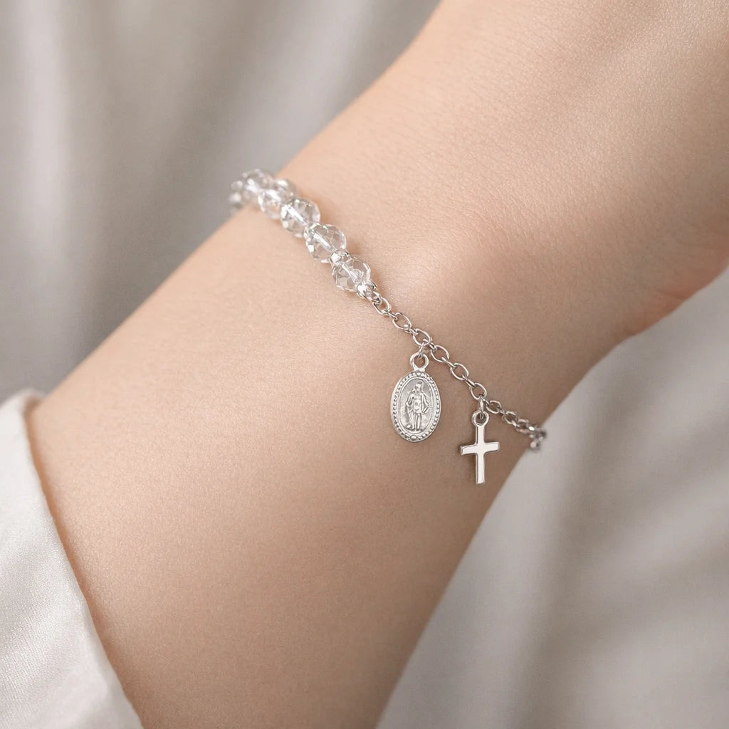 Pulsera Virgen de Guadalupe Cruz Cristales Tornasol