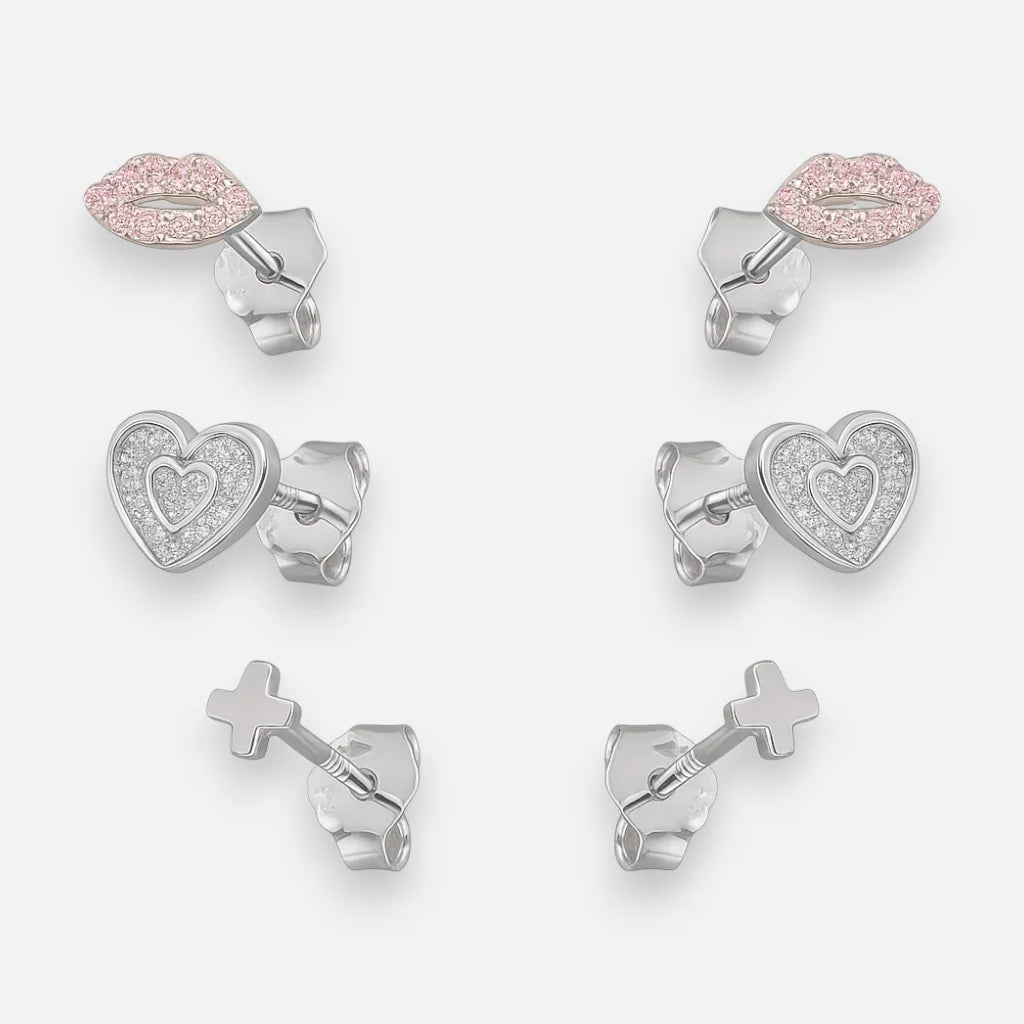 Set Aros Minimalista Corazón Labios Cruz Circones