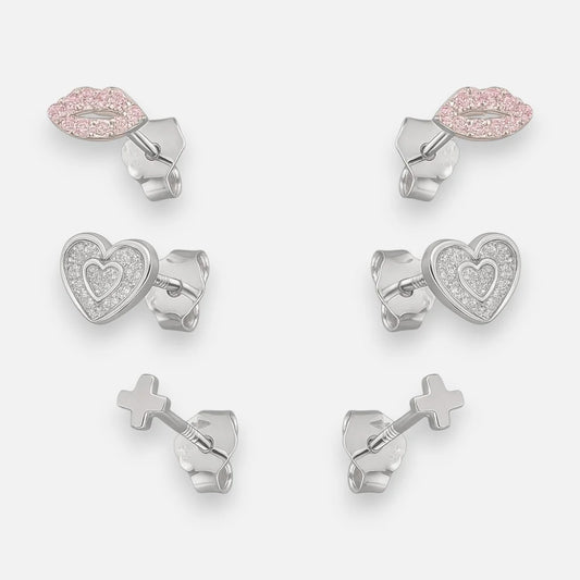 Set Aros Minimalista Corazón Labios Cruz Circones