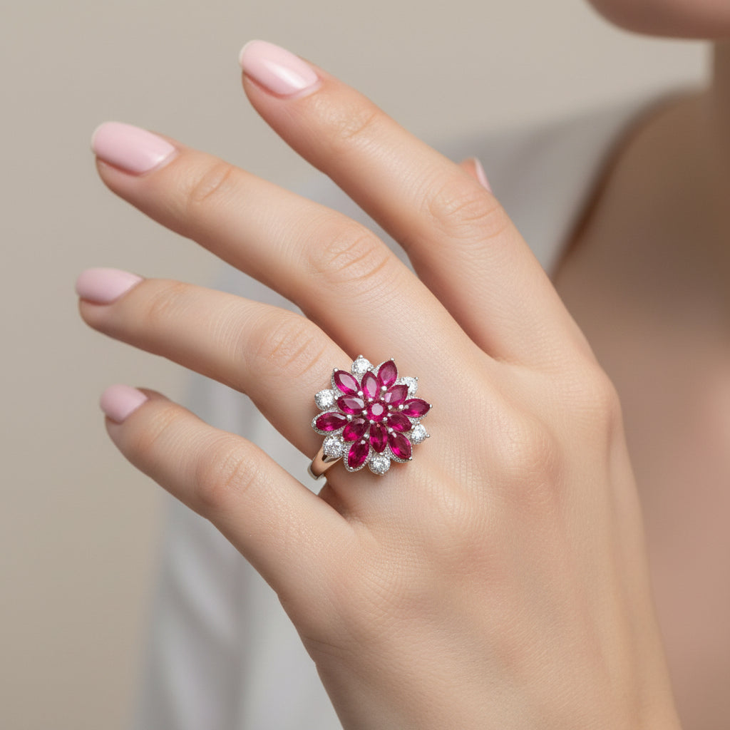 Anillo Flor Circones Rubí