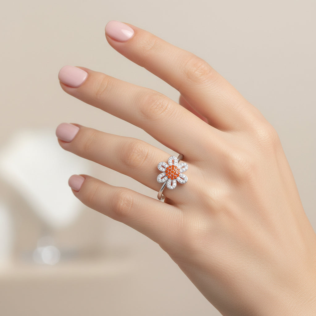 Anillo Flor Margarita Circones Granate Naranja
